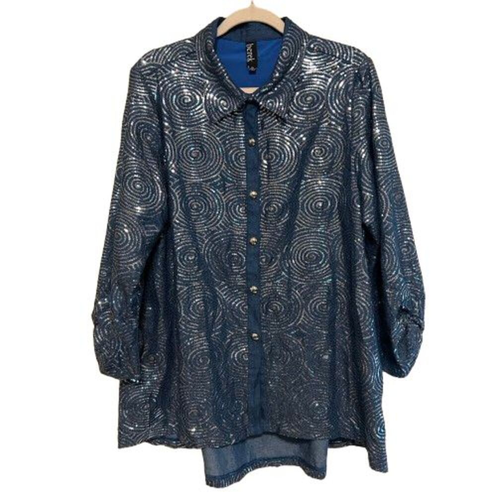 Berek Sequined Button Up Tunic Top Womens XL Blue Holiday Party